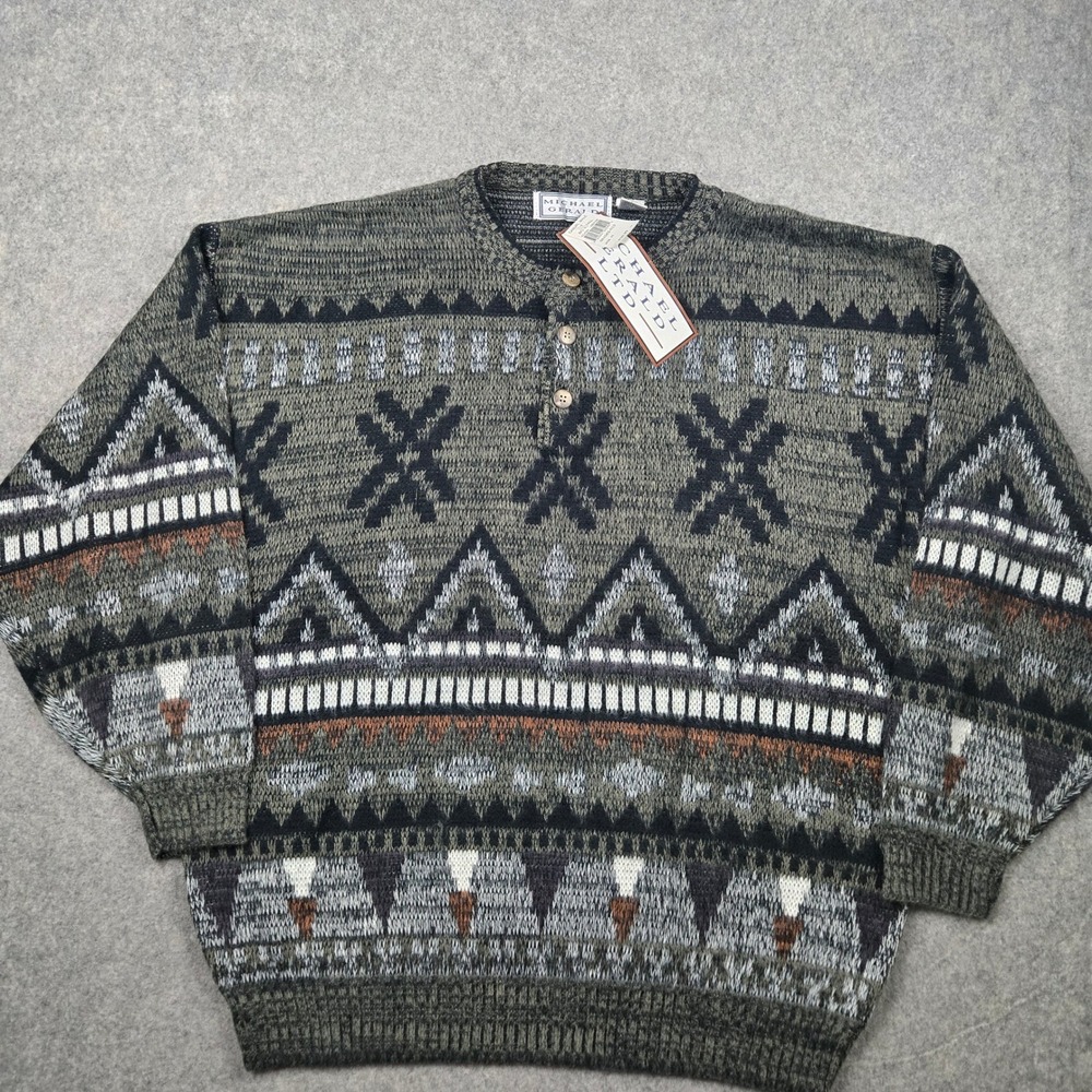 Michael Gerald Henley Sweater Mens 3XL Green Geometric Aztec Vintage 90s NEW